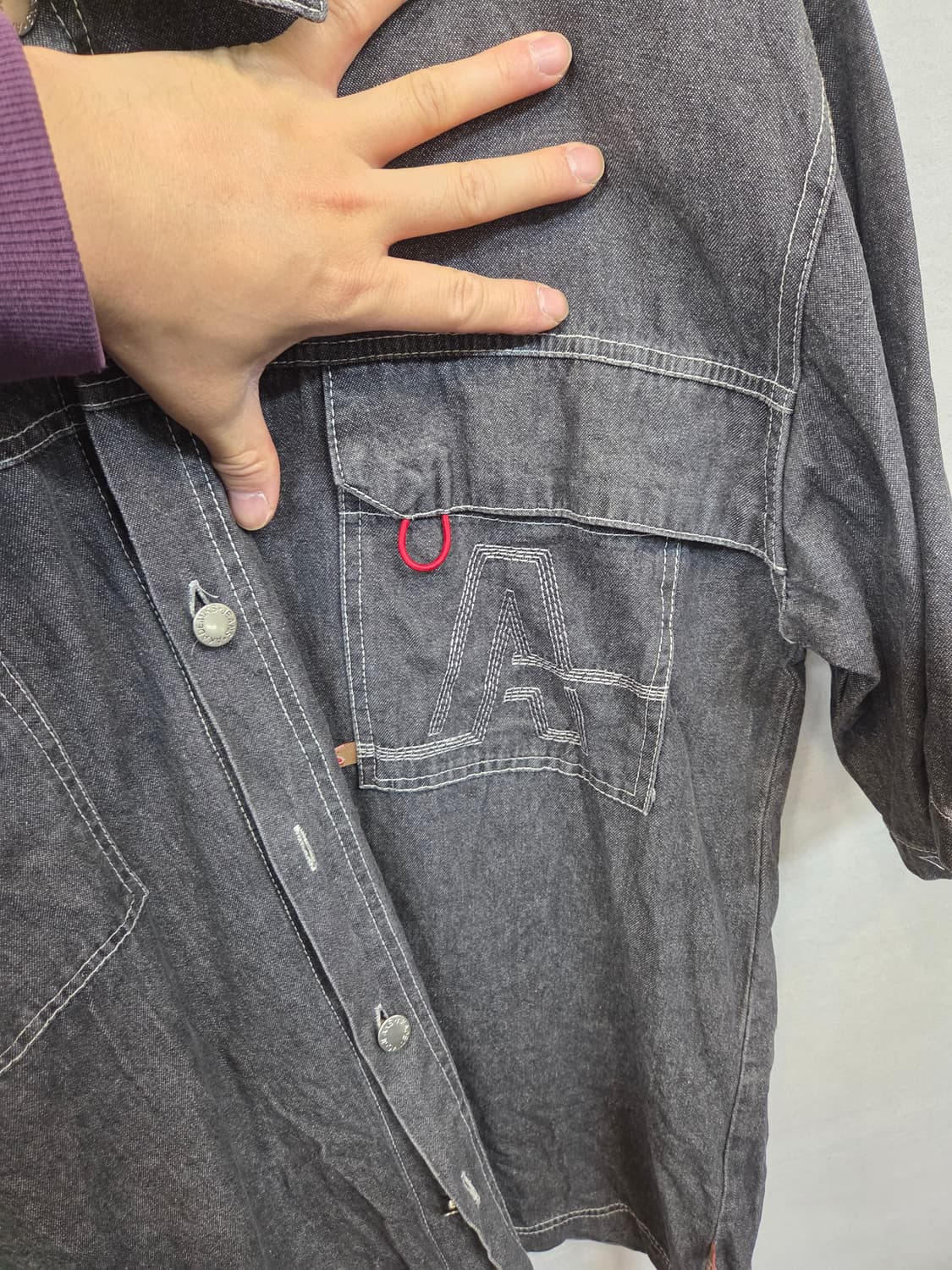 아카데믹스 00s 빈티지 자수로고 그레이 데님셔츠 반팔 xl 상품이미지4