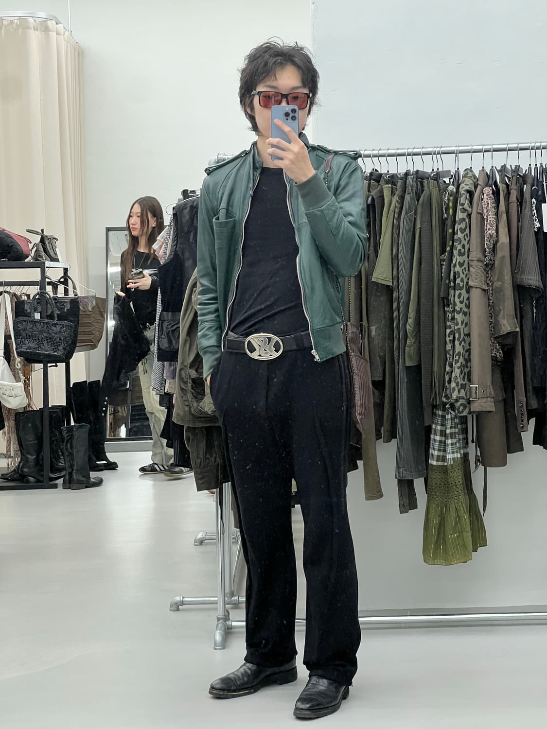 빈티지  램스킨 레더 그린 자켓 상품이미지1