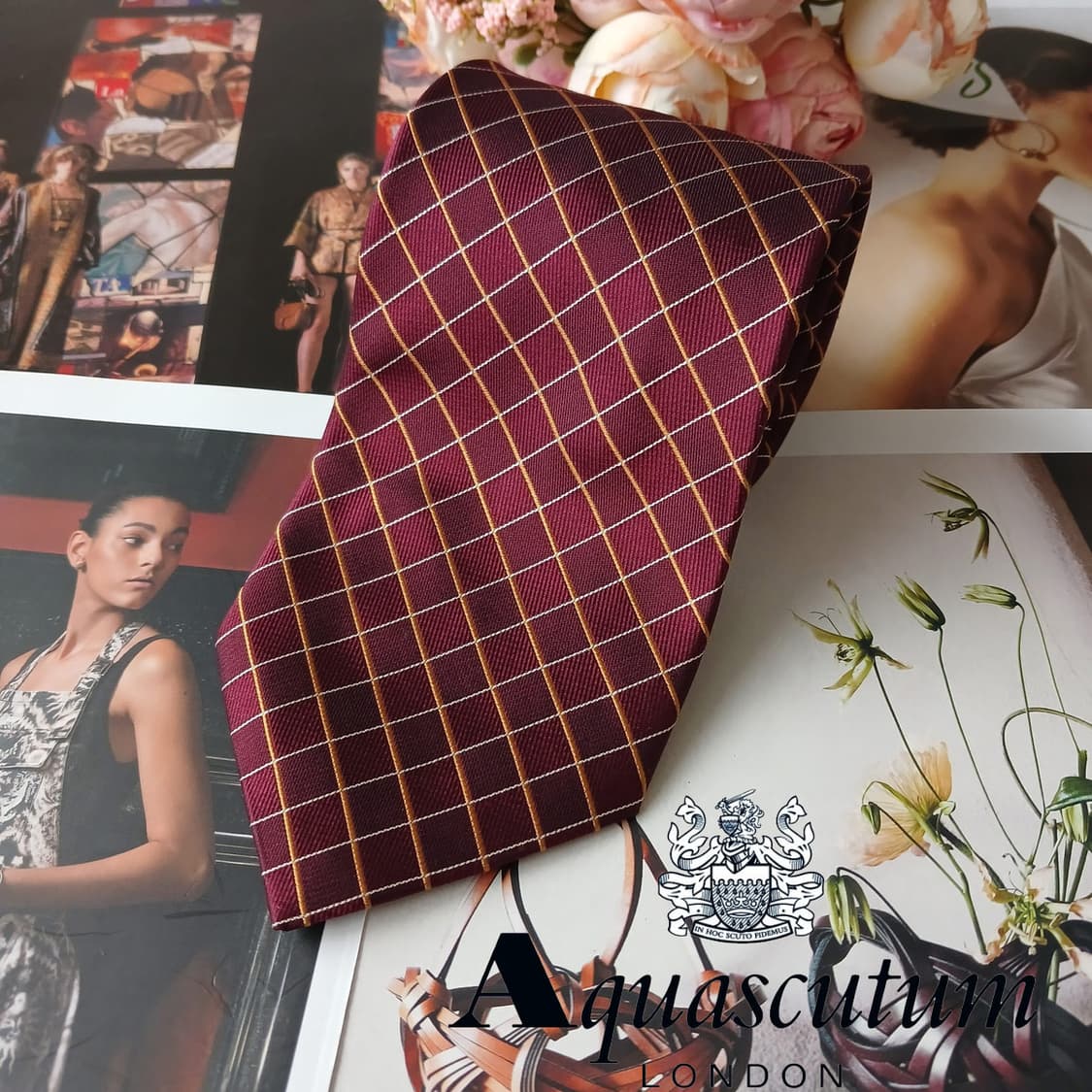 아쿠아스큐텀 실크 버건디 체크 패턴 넥타이 9.3cm A등급 A19742 상품이미지1