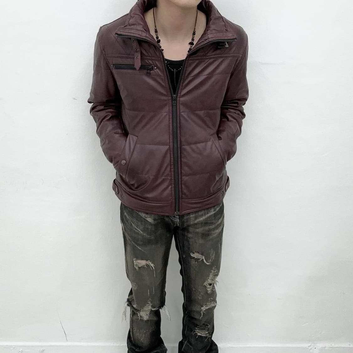 Burgundy faux leather padding jacket 상품이미지1