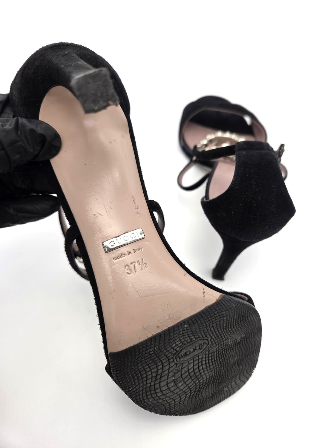 구찌GG 블랙 스웨이드 크리스탈 앵클스트랩 샌들 힐 37반 상품이미지5