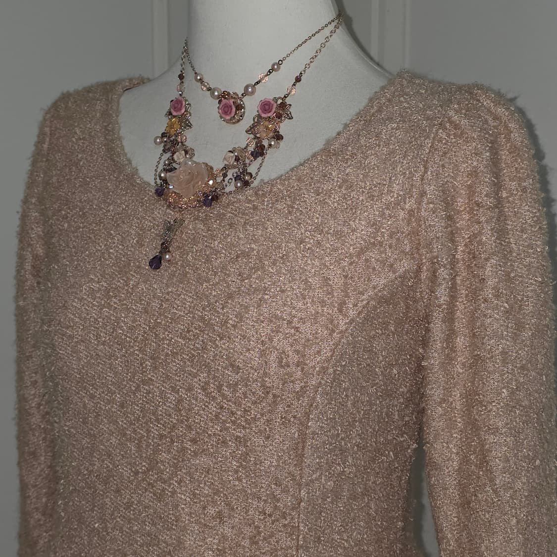 earth nusic)일본빈티지 핑크 히메갸루 부클 플레어 니트 원피스 상품이미지2