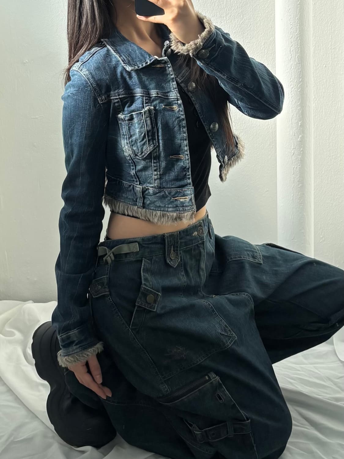 Vintage Cropped Fur-Trim Denim Jacket 상품이미지2