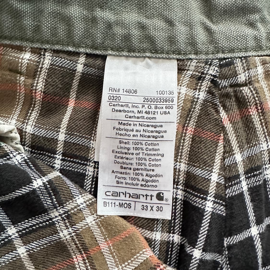 칼하트 B111 MOS 그린 워크팬츠 33x30  상품이미지4