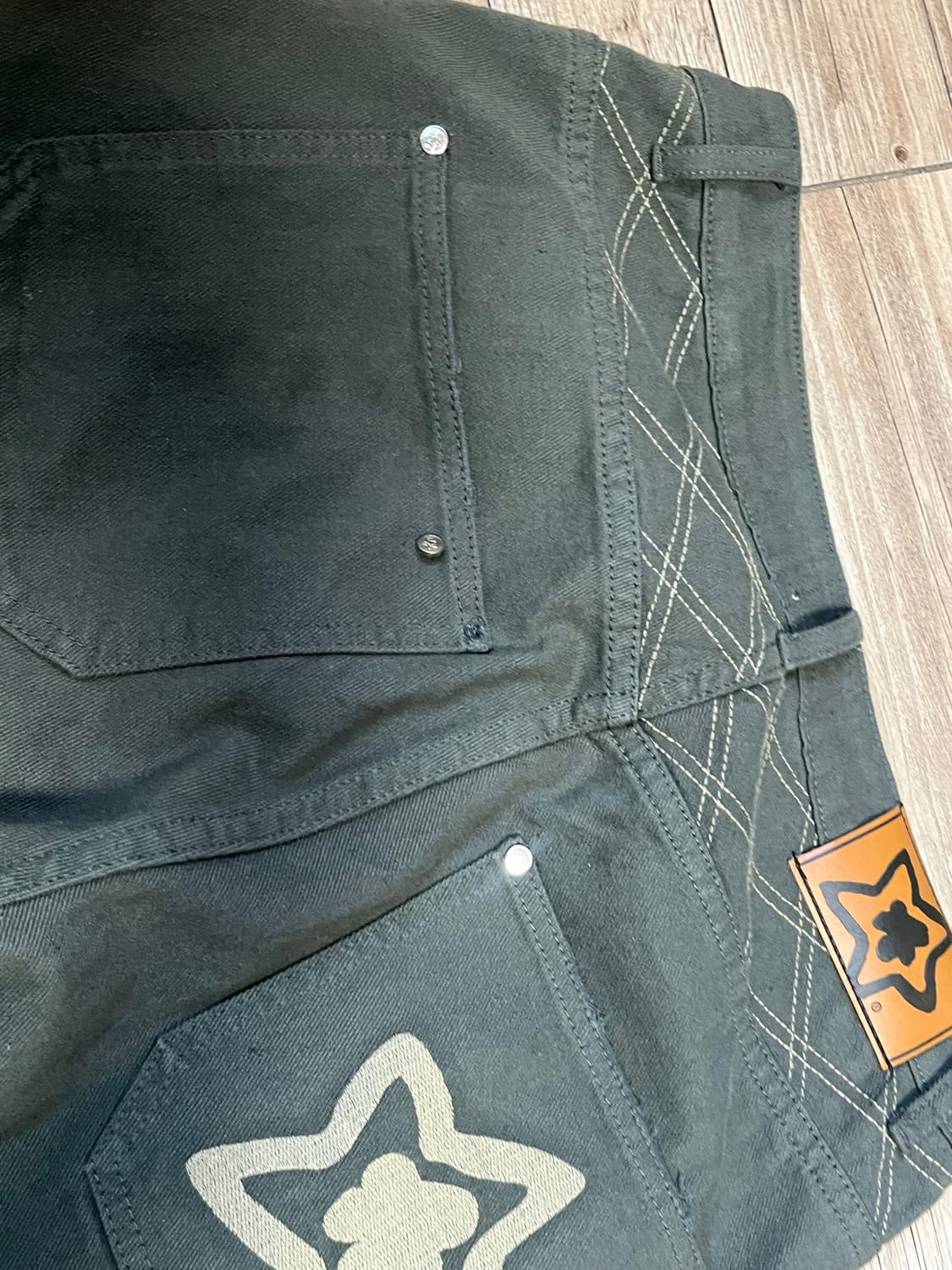 크로스 스티치 더블 니 진스 올리브 상품이미지4