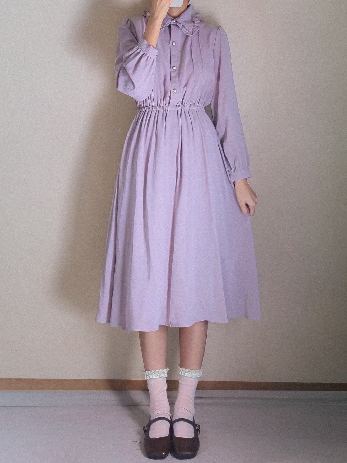 일본빈티지(Colza) 라일락 프릴 카라 셔링 원피스 상품이미지1