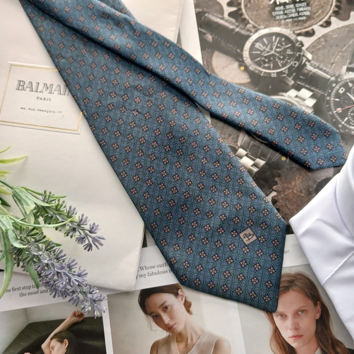 피에르 발망 실크 블루 자카드 넥타이 9.2cm B등급 A18660 상품이미지2