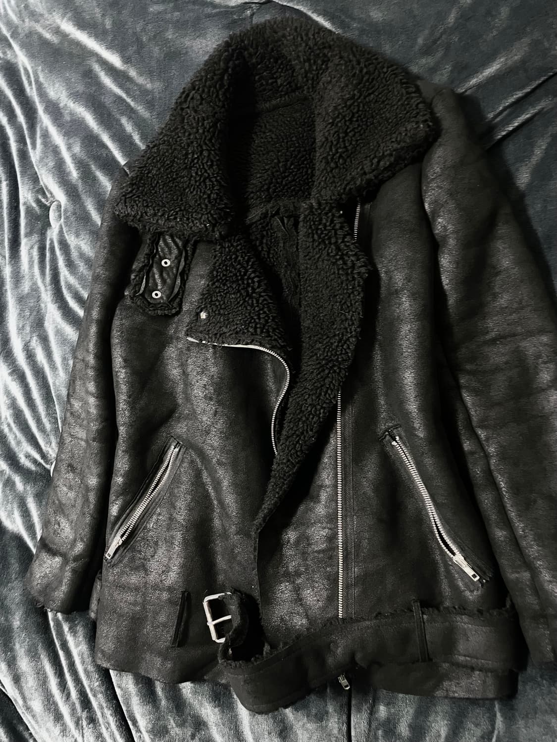 하이넥 벨티드 사선지퍼 시어링 자켓 무스탕 블랙 00s Vkei 락시크 상품이미지3