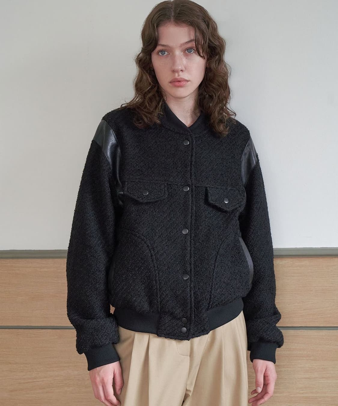 ouro 아우로 트위드 부클 울 봄버자켓 레더 배색 블루종 자켓 상품이미지1