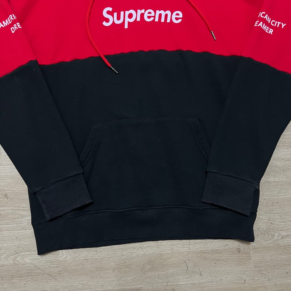 슈프림 투톤 배색 로고 프린팅 기모 후드티 [레드/블랙] 2XL/110 상품이미지3