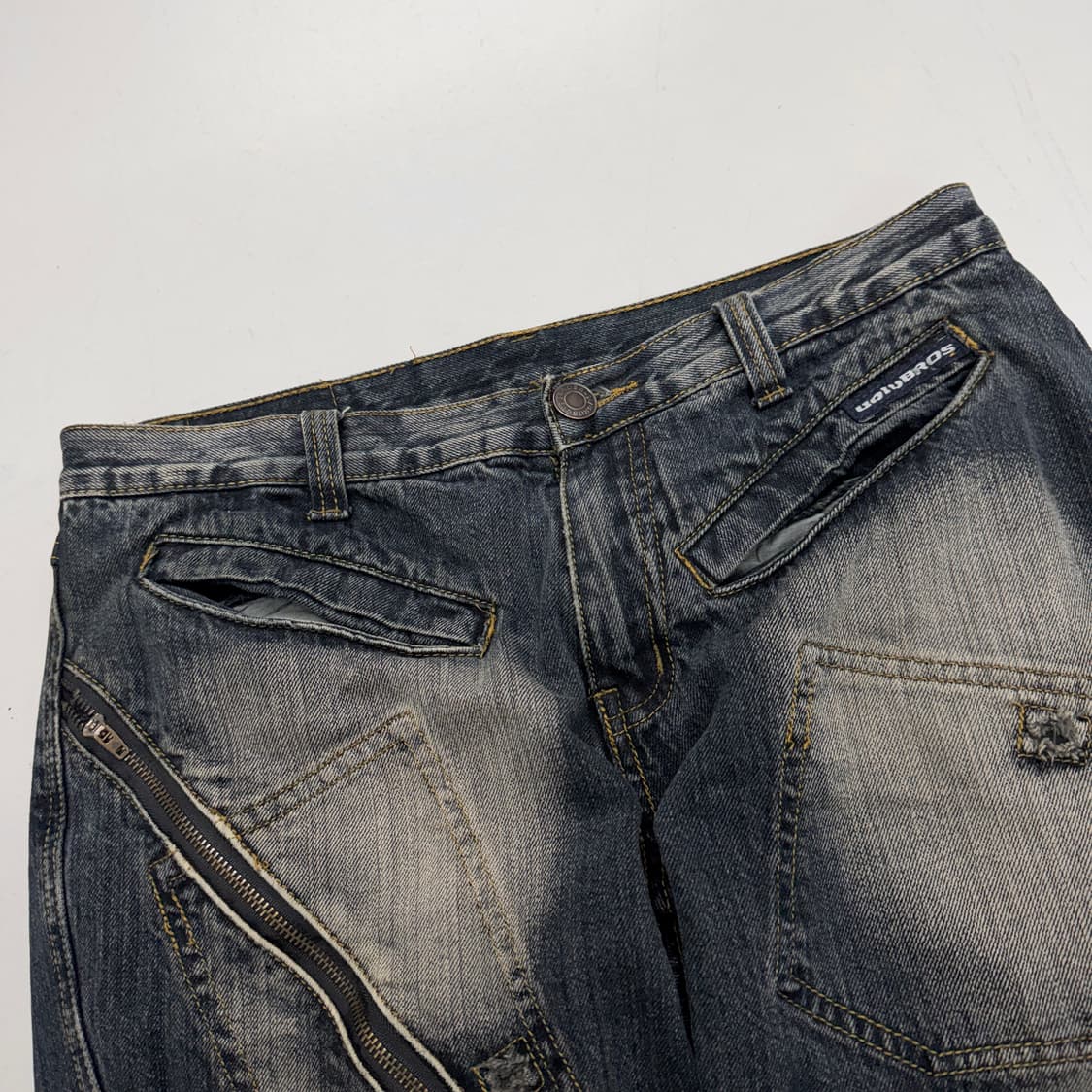 부츠컷 바이커 워싱 빈티지 더블니 새깅 데님팬츠 상품이미지4