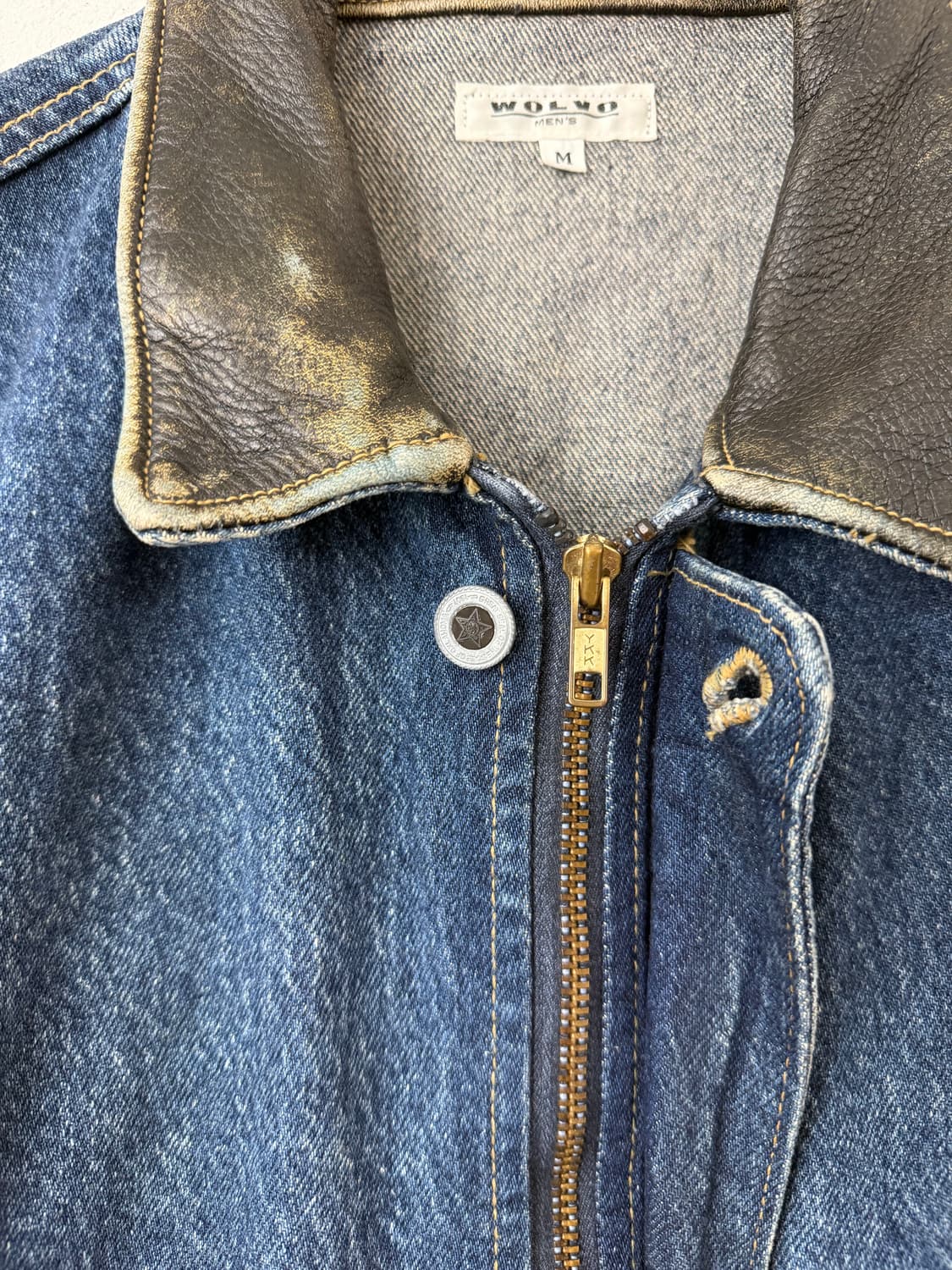 90s WOLVO 레더 믹스드 데님 봄버 상품이미지4