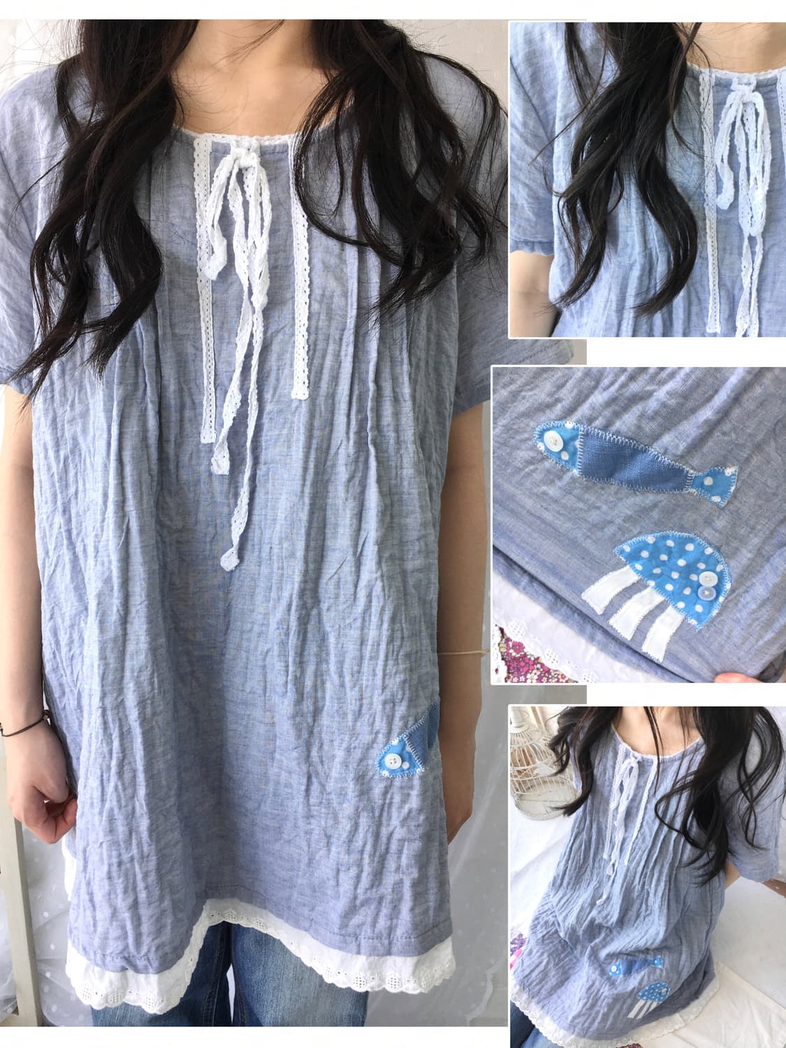 [HANDMADE] 핸드메이드 물고기 패치 원피스 모리걸 상품이미지1