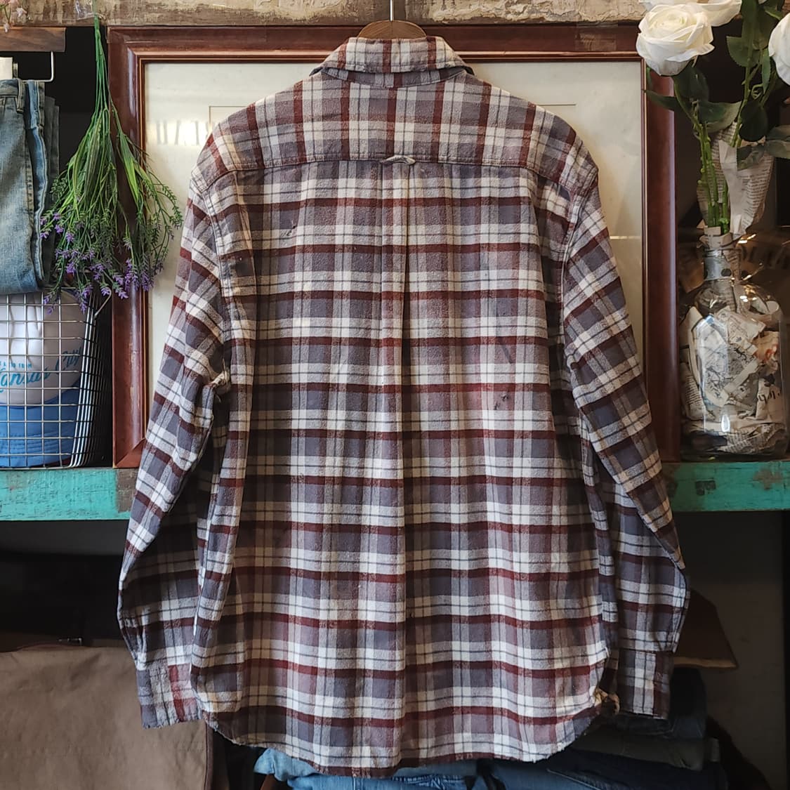 90s 빈티지 체크셔츠 헤비 플란넬 워크셔츠 썬페이딩 브라운 xl 상품이미지3