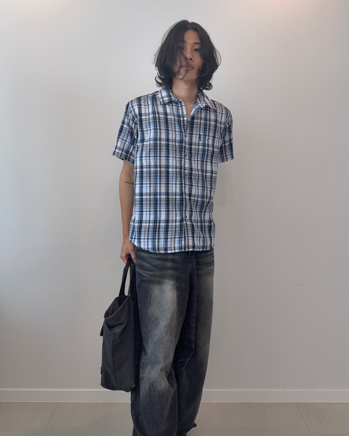 빈티지 체크 반팔 셔츠 블루 브라운 상품이미지5