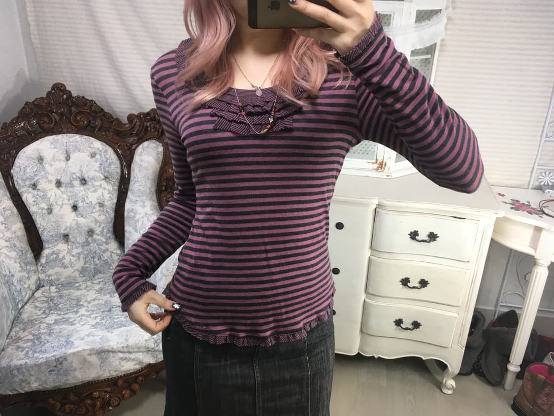 jpn vintage pink stripe frill knit 상품이미지2