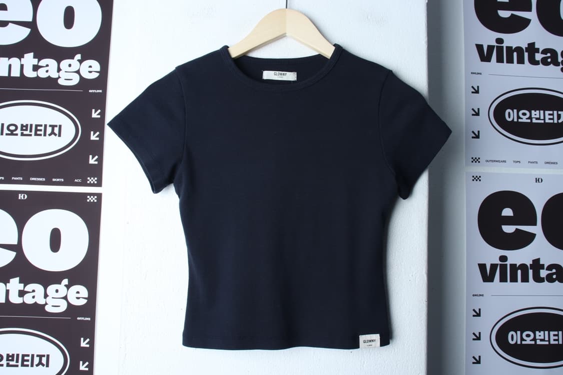 W(F) 글로니 반팔 티셔츠 네이비 골지 무지 크롭-H32006 상품이미지2