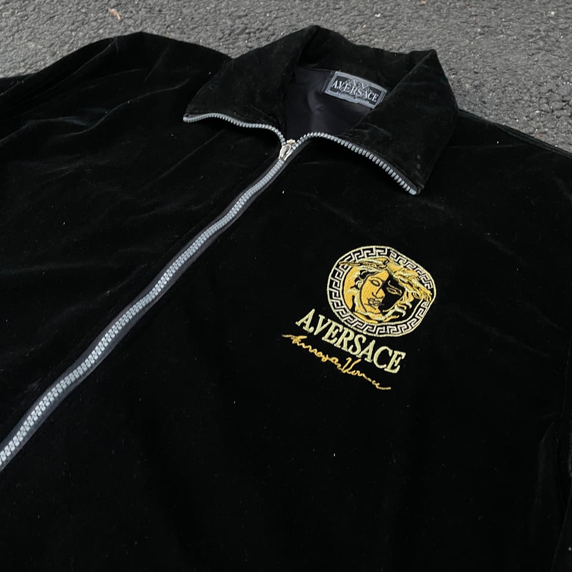 90s 베르사체 메두사 스웨이드 벨벳 사틴 블루종 올드스쿨 자켓 XL 상품이미지5