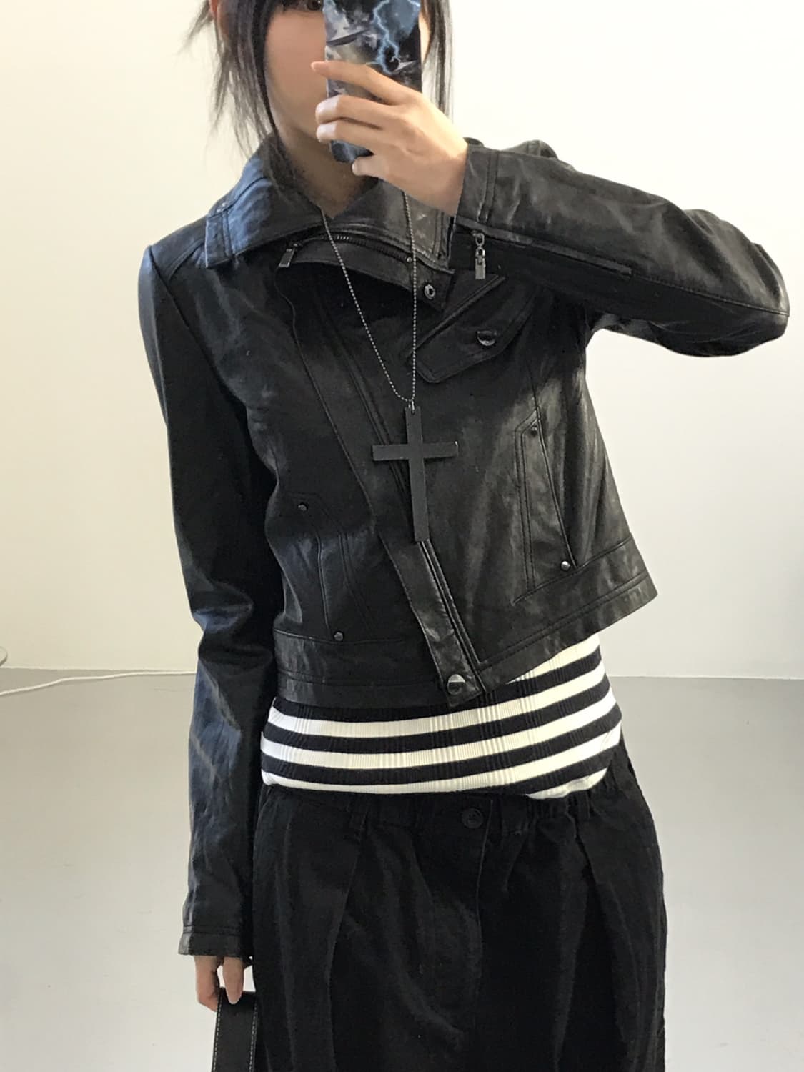 Vintage Black Hige Neck Leather Jackets 상품이미지3