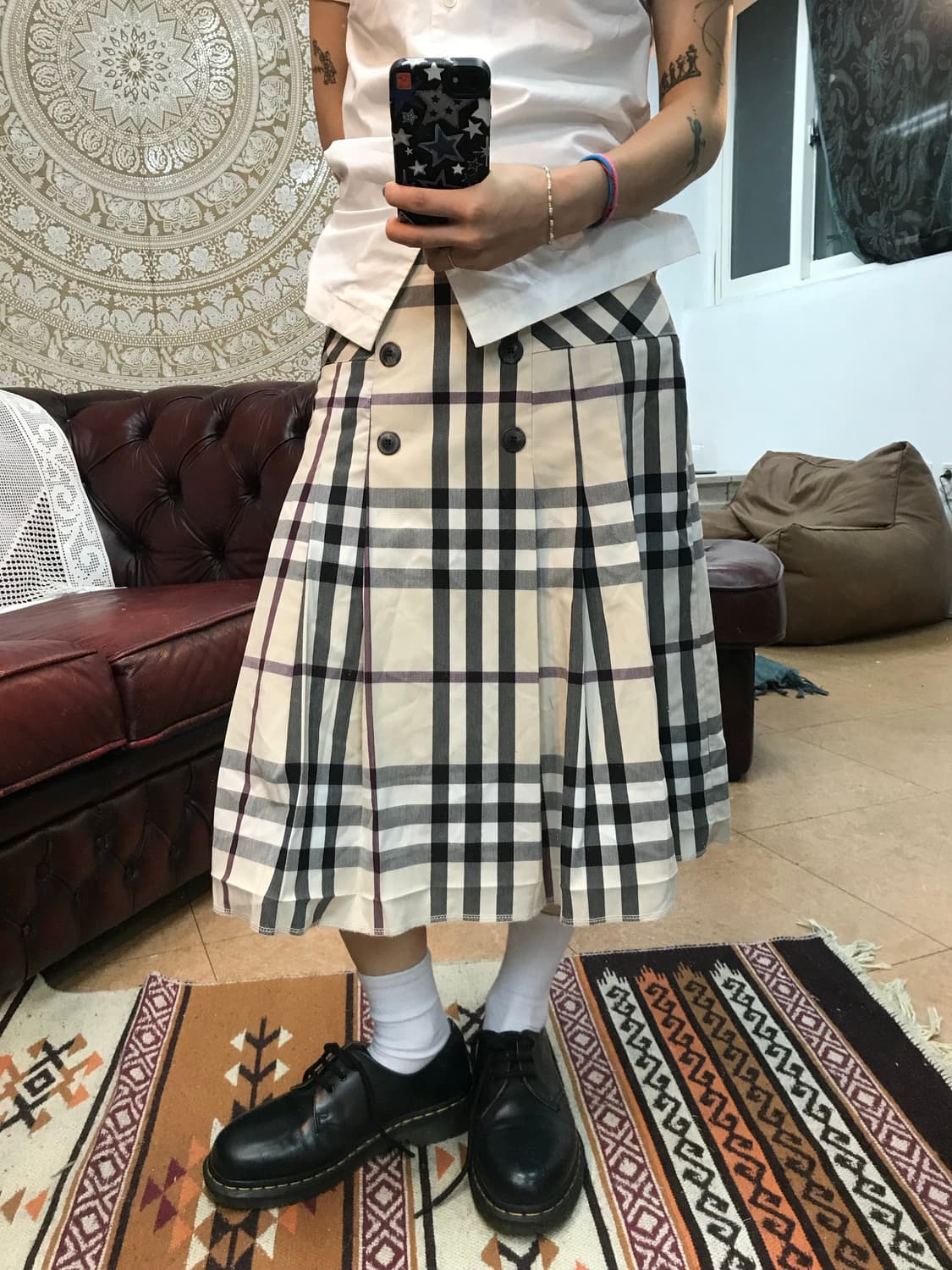 에다나 더블버튼 체크 미디스커트  상품이미지1