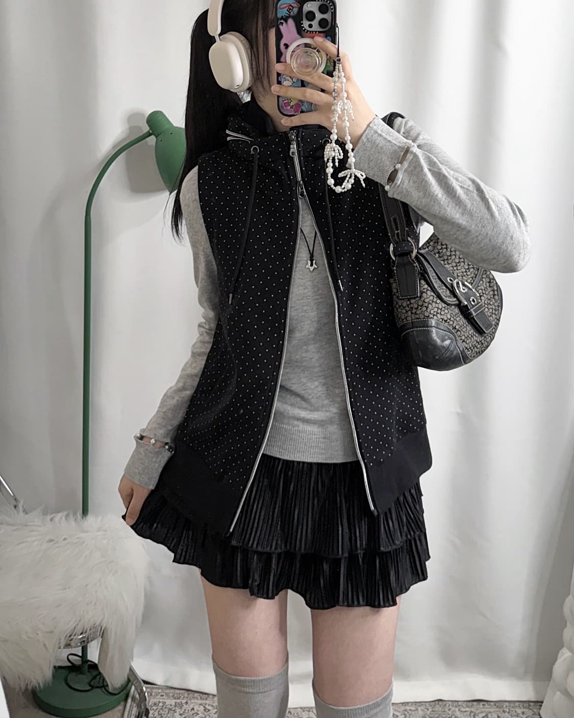 블랙 도트 패턴 투웨이 집업 후드 베스트 상품이미지7