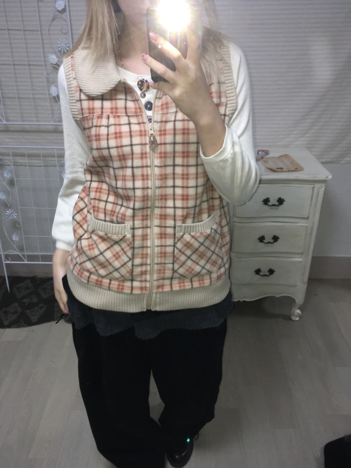 jpn vintage 베이지 핑크 카라 체크 플리스 집업 상품이미지2