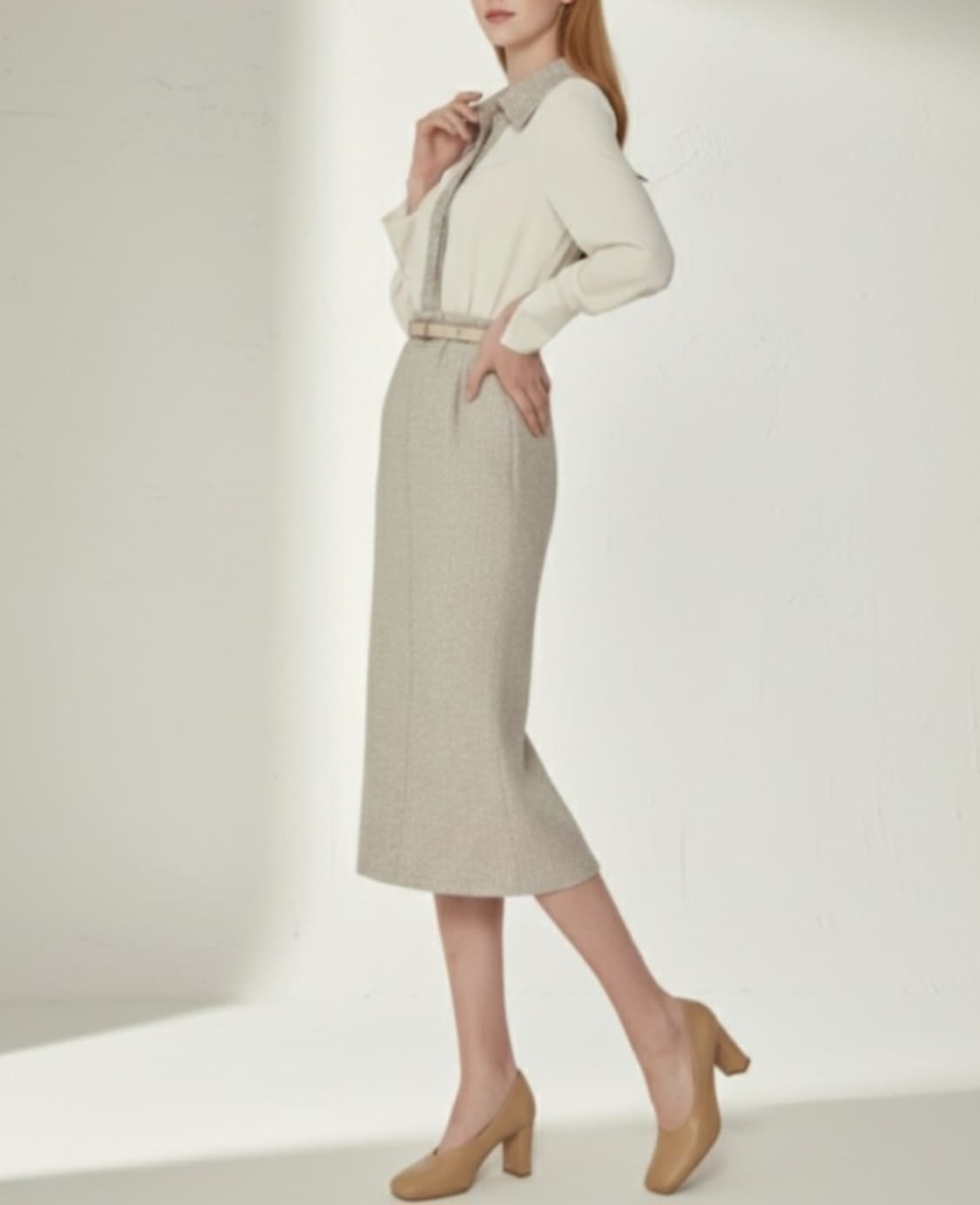 시스템 벨티드 텍스처블록 트위드 원피스 55사이즈 상품이미지3