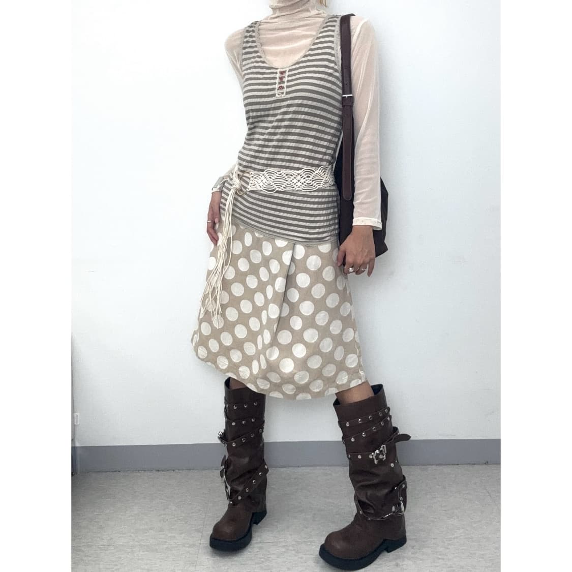 빈티지 베이지 도트 랩 스커트 상품이미지2