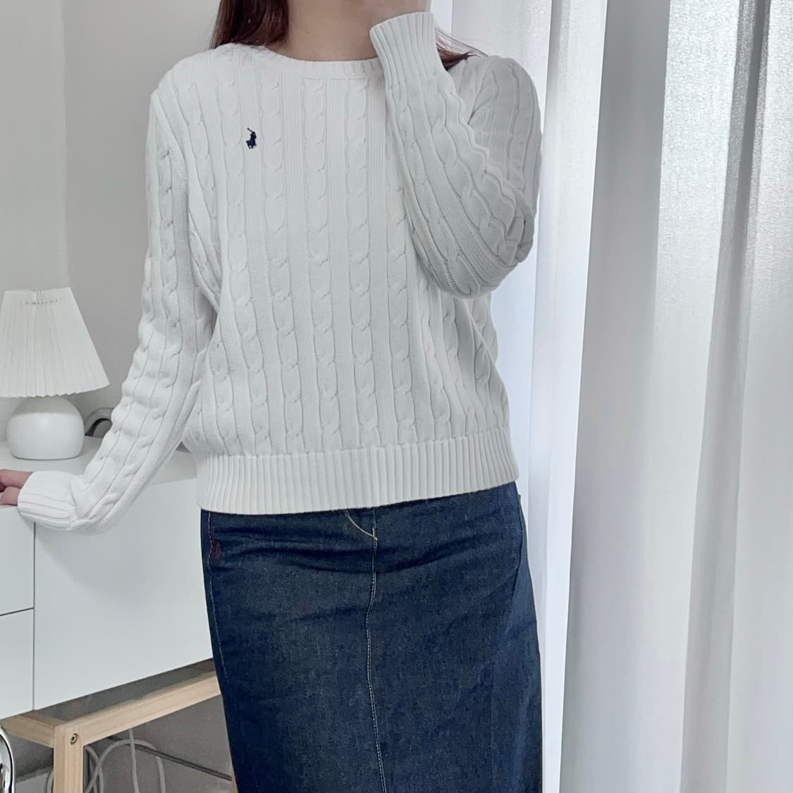 [정품] 폴로 화이트 / 네이비포니 꽈배기 라운드 니트 [ L ] 상품이미지2