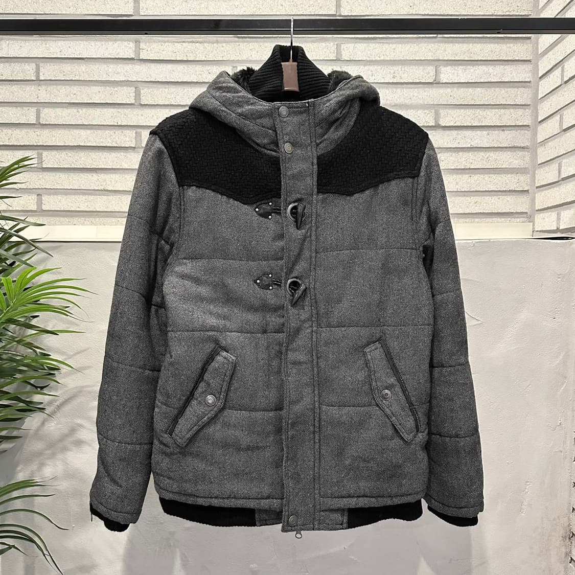 JPN VINTAGE 후드 패딩점퍼 헤링본 패턴 하이넥 디테일 그레이 상품이미지1