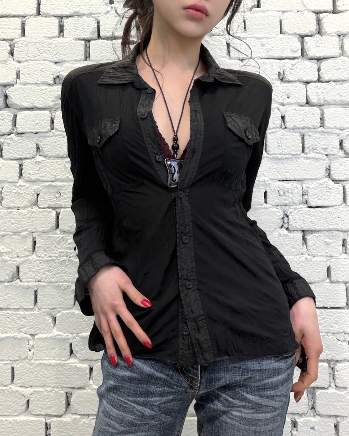 Sheer Crinkle Button-Up Shirt 상품이미지2