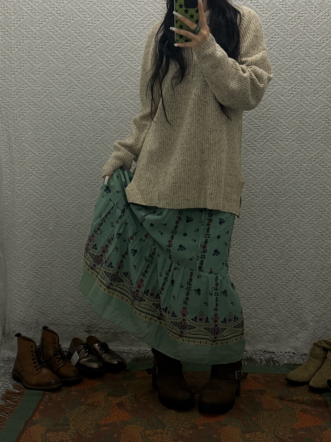 빈티지 레트로 90'S 잔꽃 민트코어 셔링 플레어 롱스커트 K0070 상품이미지1