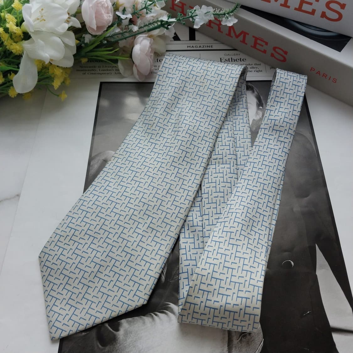 에르메스 실크 넥타이 라이트 블루 자카드 9cm B등급 상품이미지6