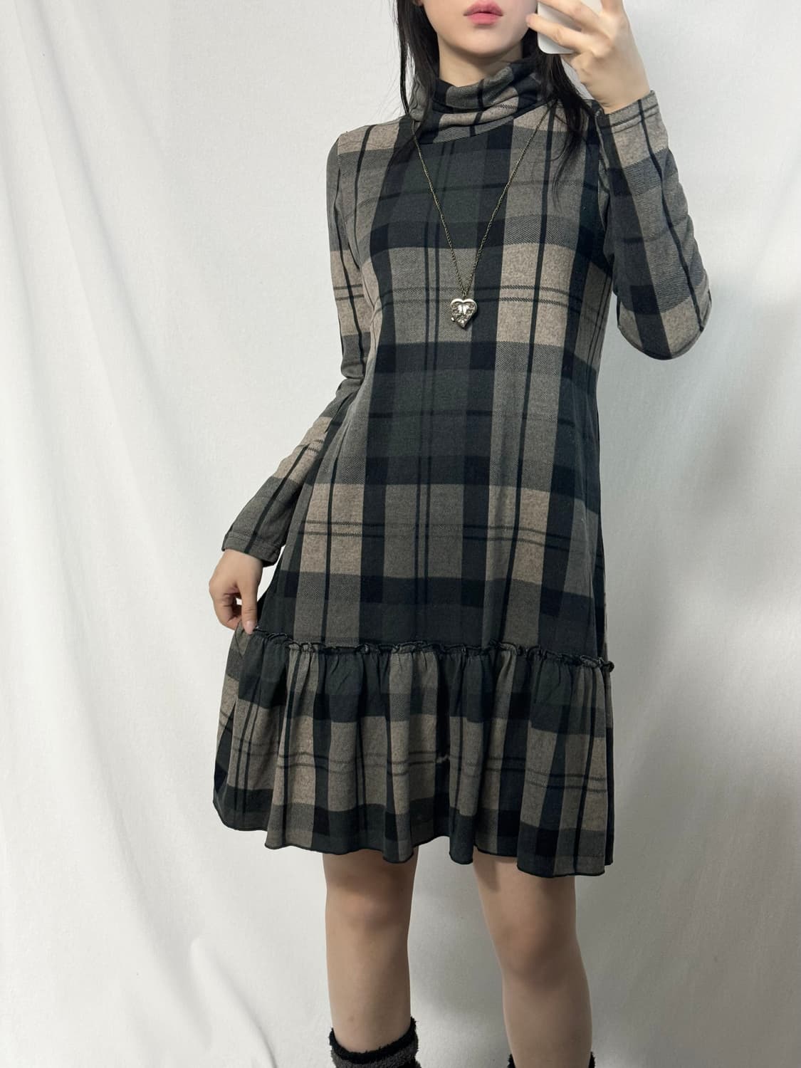 셔링 넥 체크 패턴 레이어드 니트 원피스 2pcs SET 상품이미지5