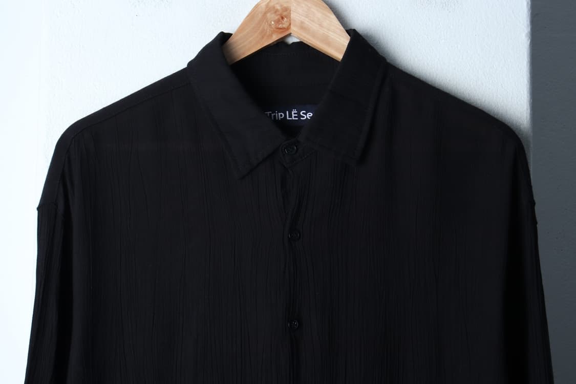 (3XL) 트립르센스 셔츠 남방 골지 블랙 무지 플리츠-H32000 상품이미지3