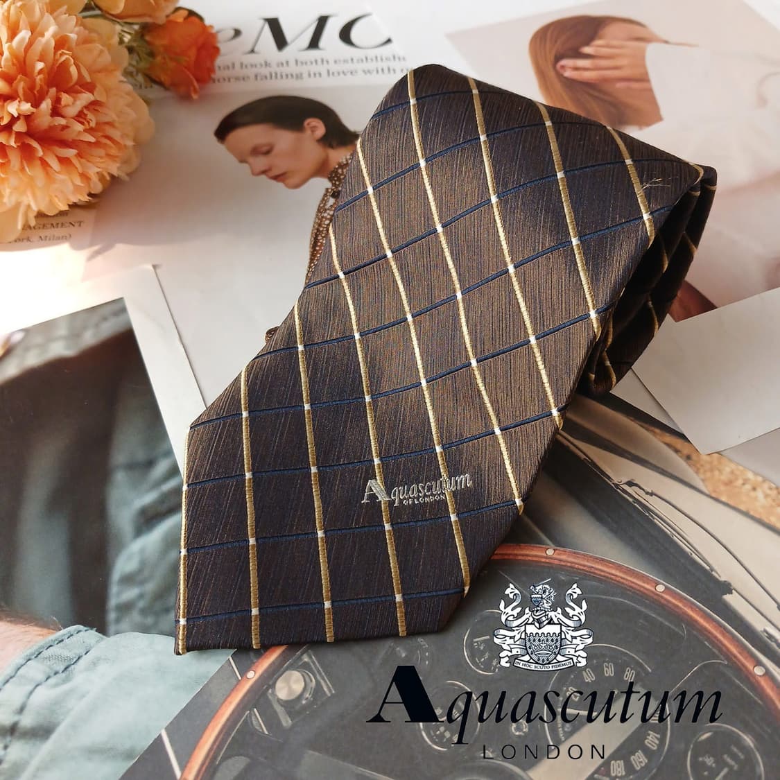 아쿠아스큐텀 실크 브라운 체크 넥타이 9.7cm A+등급 A19412
 상품이미지2