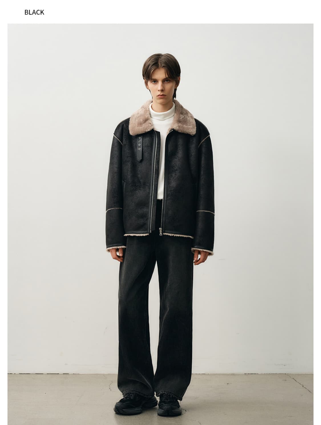 오버사이즈 스웨이드 라인 무스탕 자켓 [BLACK] 상품이미지1