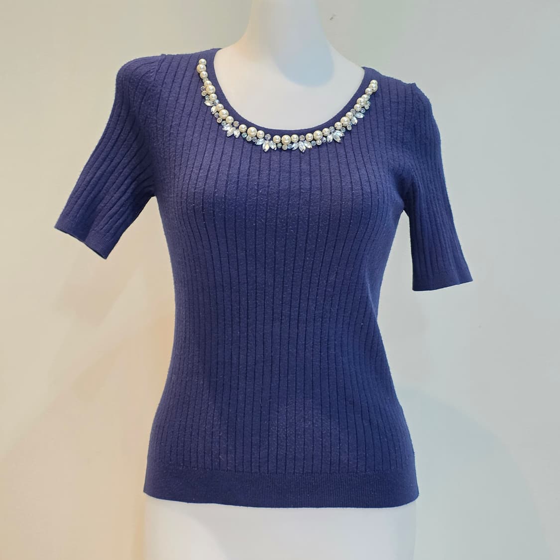 네이비 진주큐빅 스나계 모리걸st 골지니트블라우스 상품이미지2