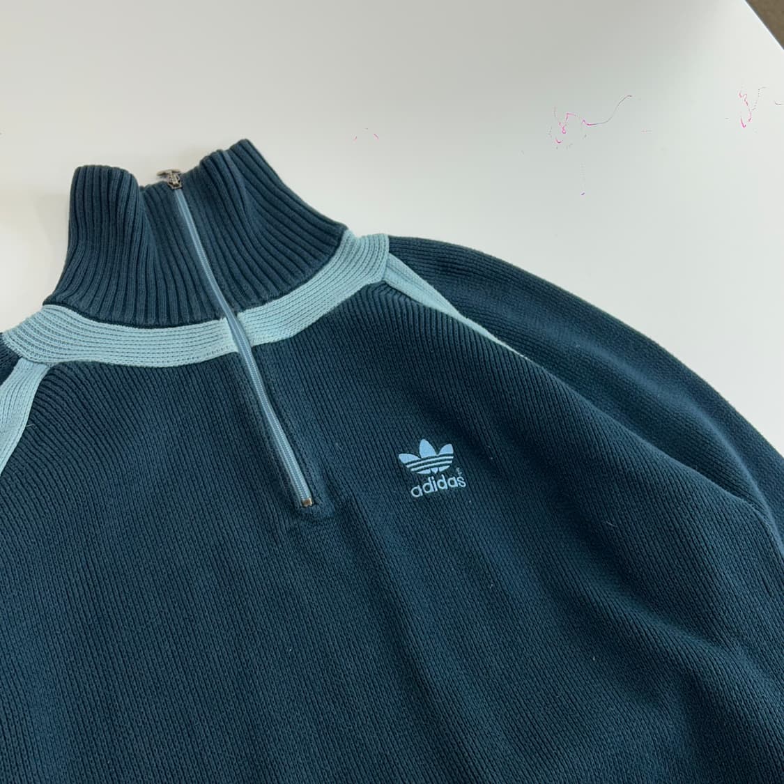 Adidas 아디다스 스카이블루 네이비 배색 니트 반집업 상품이미지4