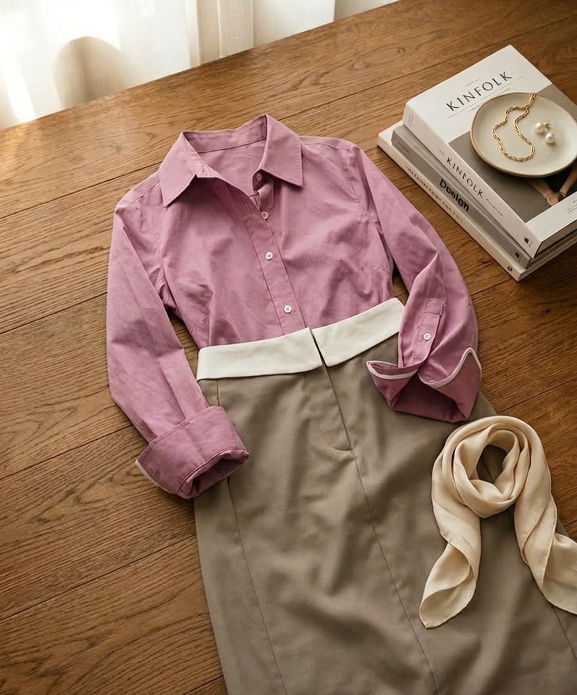 (S) 러빈(Lovin') 배색 웨이스트 턴오버 슬릿 롱 스커트 상품이미지1