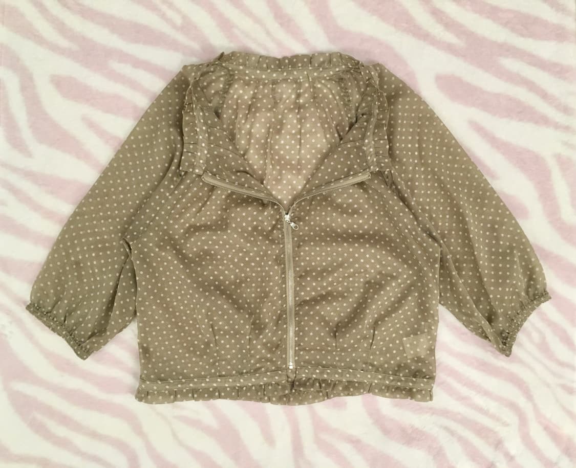 카키 도트 프릴 반투명 레이어드 집업 모리걸 가디건 갸루 땡땡이 상품이미지2