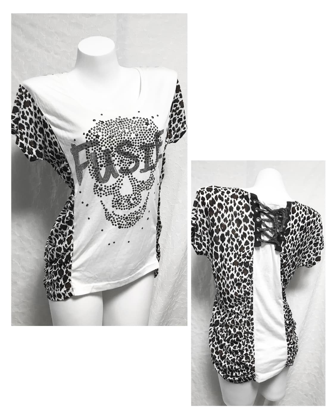 빈티지 갸루 펑크 레오파드 스터드 코르셋 셔링 반소매 탑 상품이미지1