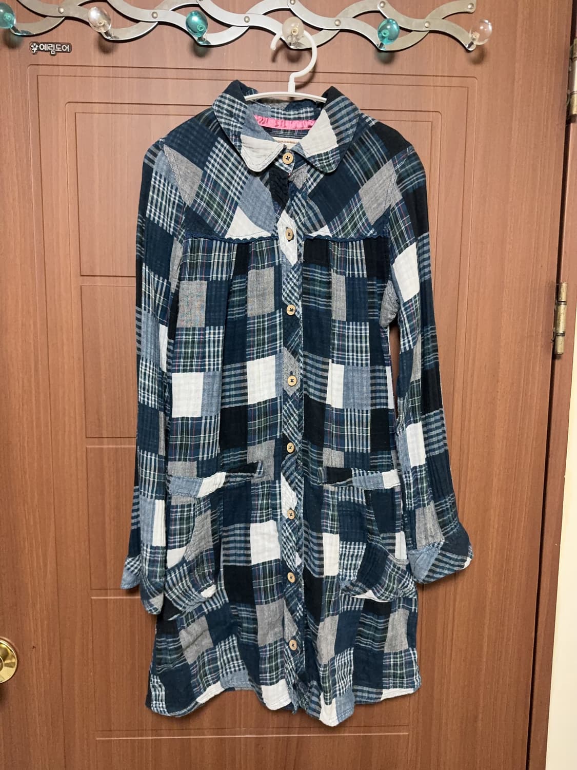 모리걸 하구미 일본 빈티지 블루 체크 패치워크 둥근카라 홍콩 셔츠 원피스 상품이미지1