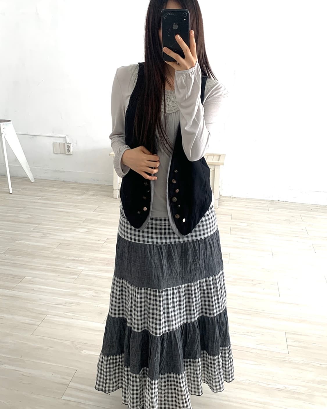 Gray Check Patchwork Long Skirt 상품이미지6