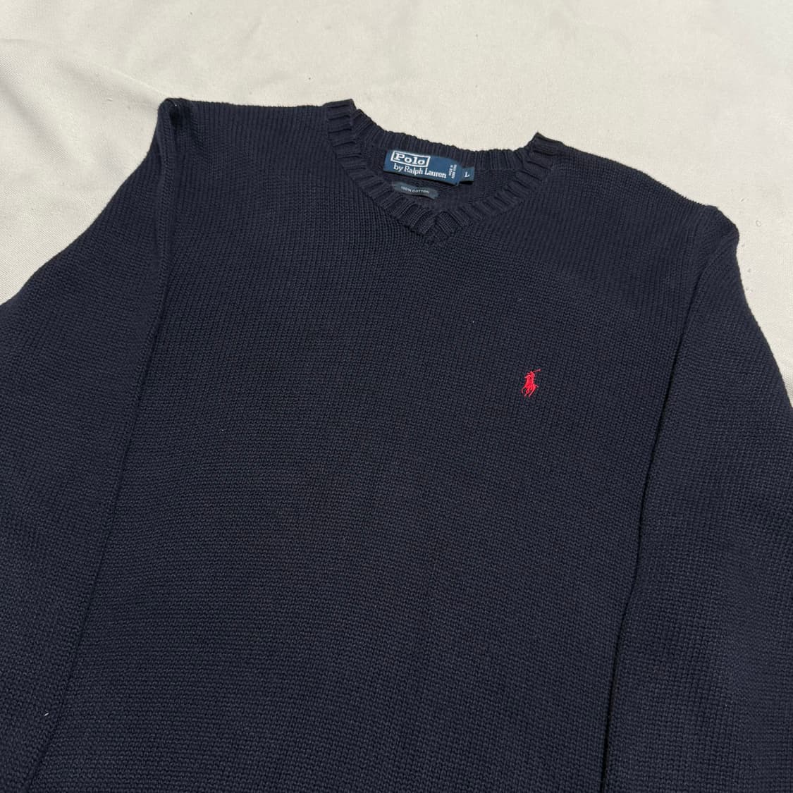 L 폴로랄프로렌 레드 포니 코튼 네이비 브이넥 니트 상품이미지1