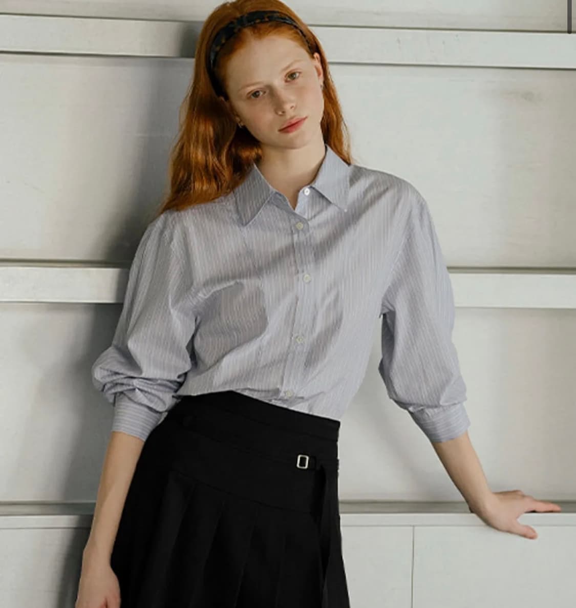 Feminine volume sleeve cotton shirt_Blue 상품이미지1