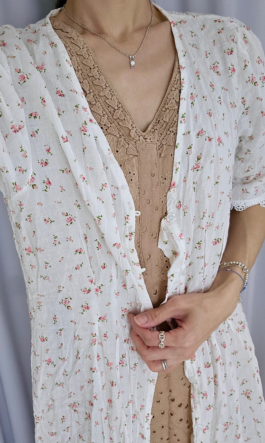 일본빈티지 레이스 원피스 + 플라워 롱 로브 세트 (여리핏) 상품이미지1