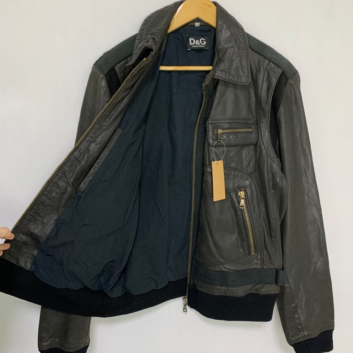 D&G 돌체앤가바나 빈티지 니트 배색 레더 자켓 카키 가죽자켓 상품이미지3