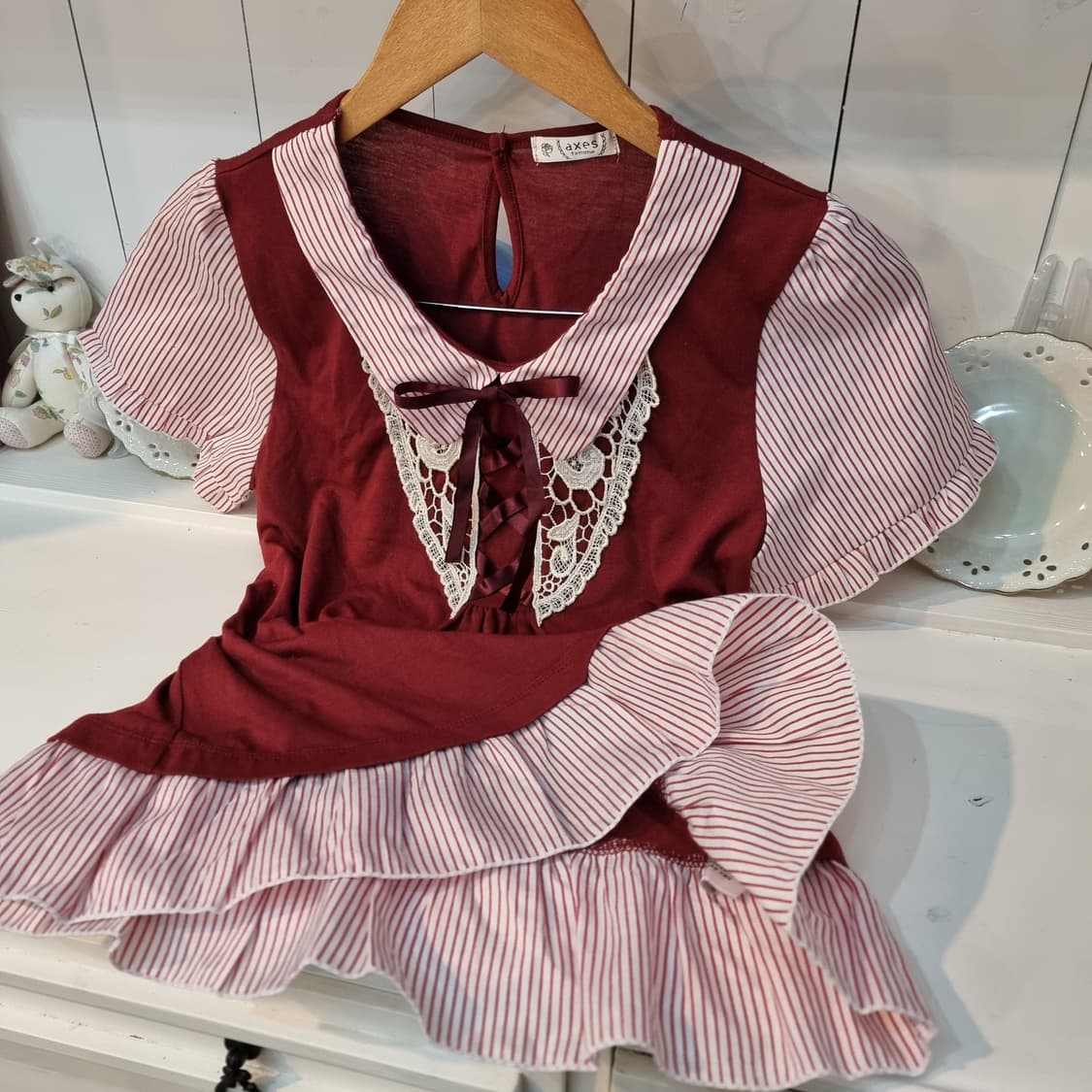 axes femme(악세즈팜므) 와인 스트라이프 리본 블라우스 상품이미지4