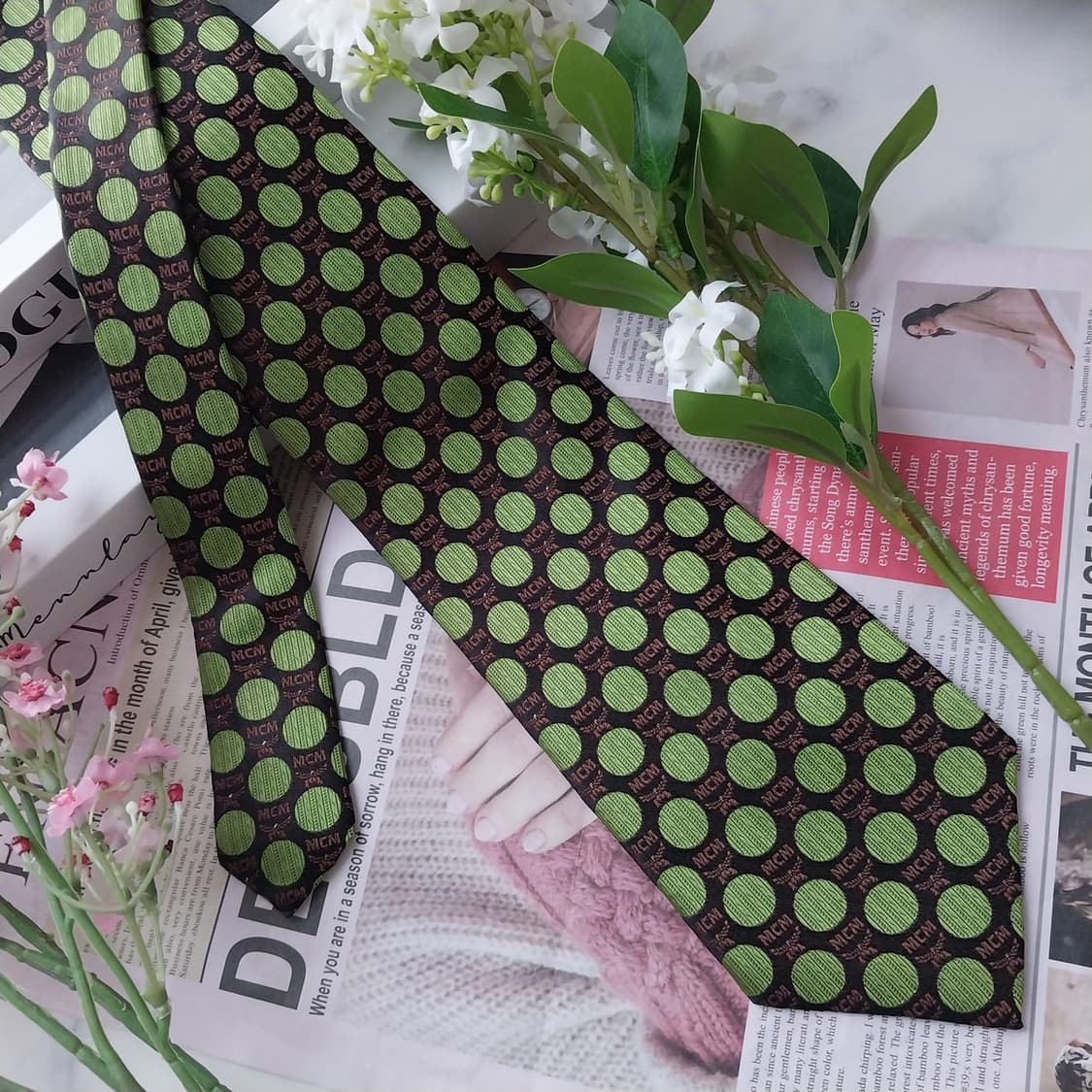 MCM 실크 브라운&그린 도트 패턴 넥타이 9.2cm A+등급 K1585 상품이미지2